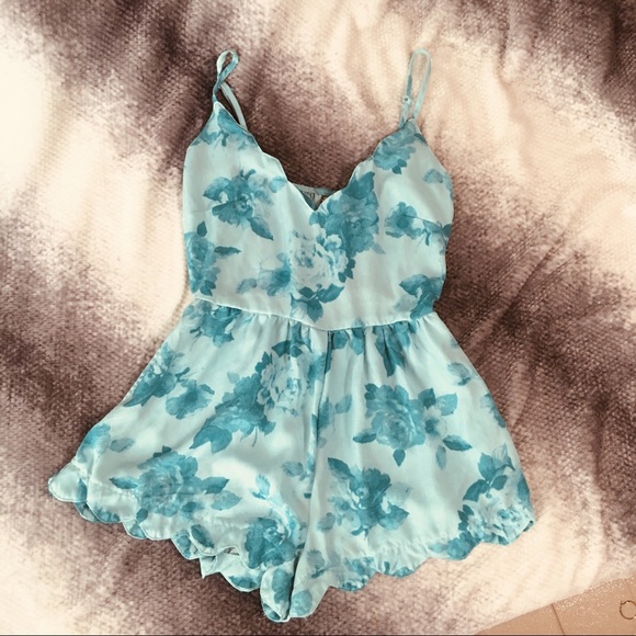 Pants - Floral Blue Scalloped Romper